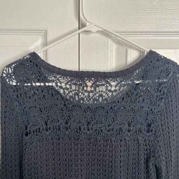 Hippie Rose Womens Crochet Open Knit Sweater S Navy Blue Retro Fishnet Pullover - Picture 6 of 6